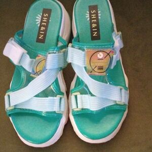 SHEIN Teal Slide Sandals with Light Blue Straps